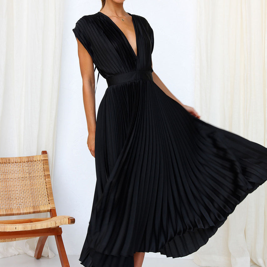Céline - Robe Invitée Mariage Femme Élégante Plissée Col V et Jupe Évasée
