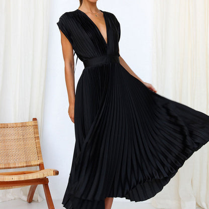 Céline - Robe Invitée Mariage Femme Élégante Plissée Col V et Jupe Évasée