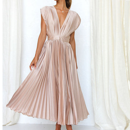 Céline - Robe Invitée Mariage Femme Élégante Plissée Col V et Jupe Évasée