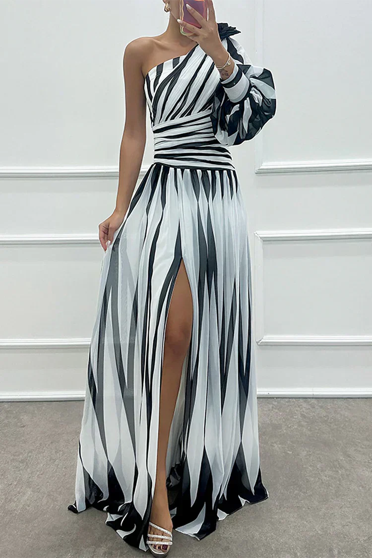 Céline - Robe Maxi Habillée Invitée Mariage Femme avec Épaule Asymétrique et Fente Latérale
