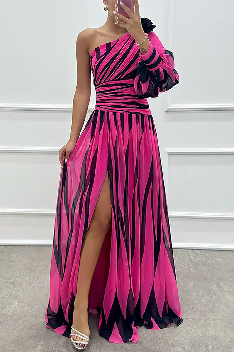 Céline - Robe Maxi Habillée Invitée Mariage Femme avec Épaule Asymétrique et Fente Latérale
