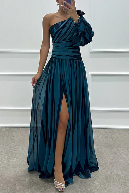 Céline - Robe Maxi Habillée Invitée Mariage Femme avec Épaule Asymétrique et Fente Latérale