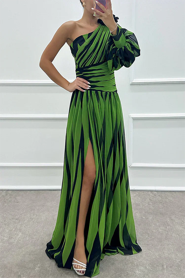 Céline - Robe Maxi Habillée Invitée Mariage Femme avec Épaule Asymétrique et Fente Latérale