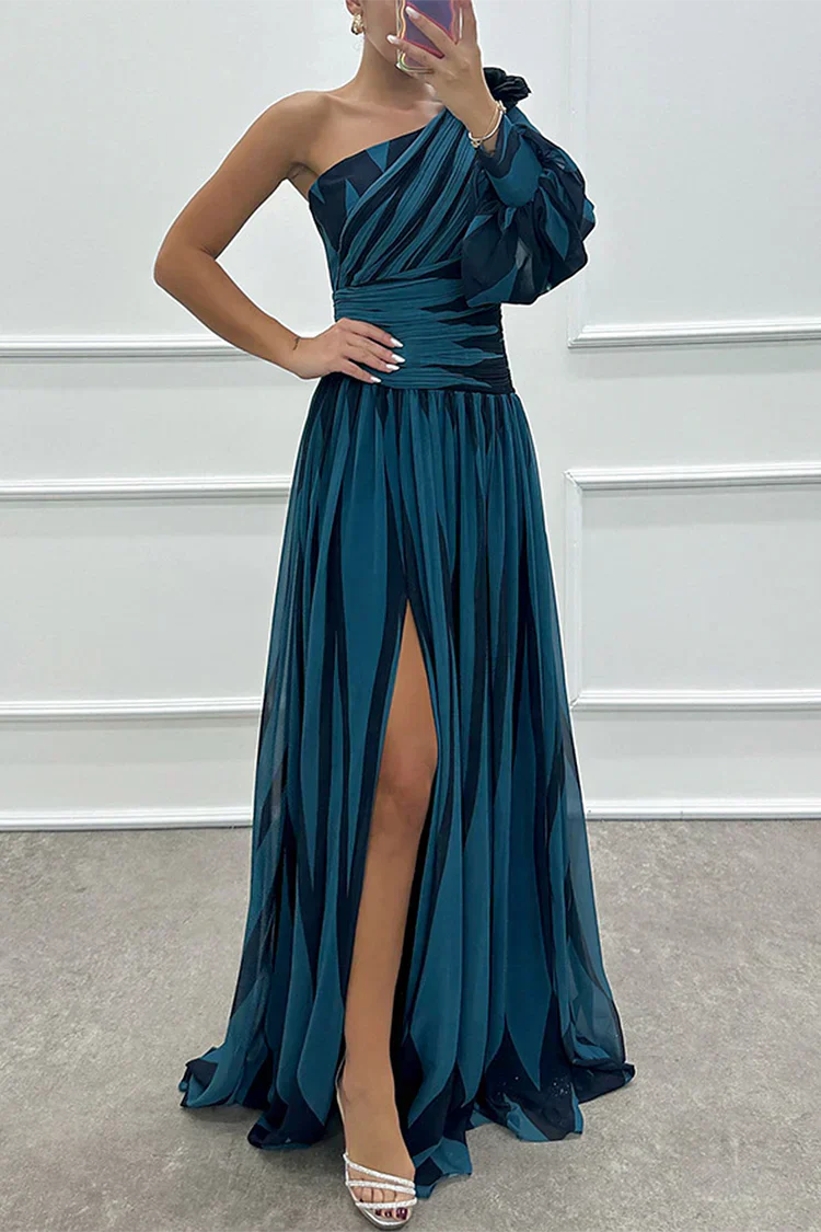 Céline - Robe Maxi Habillée Invitée Mariage Femme avec Épaule Asymétrique et Fente Latérale