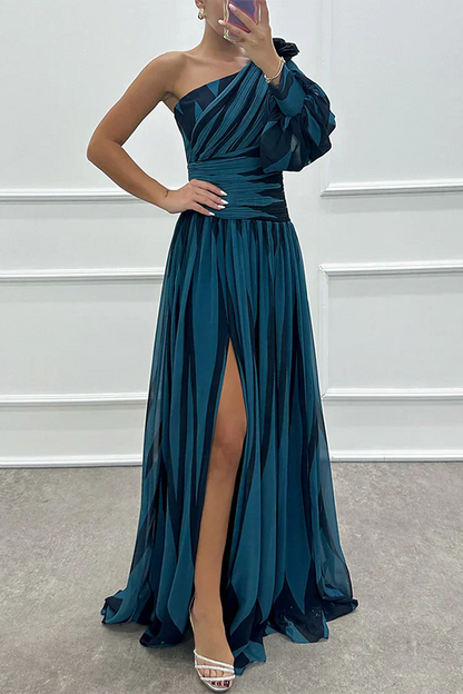 Céline - Robe Maxi Habillée Invitée Mariage Femme avec Épaule Asymétrique et Fente Latérale