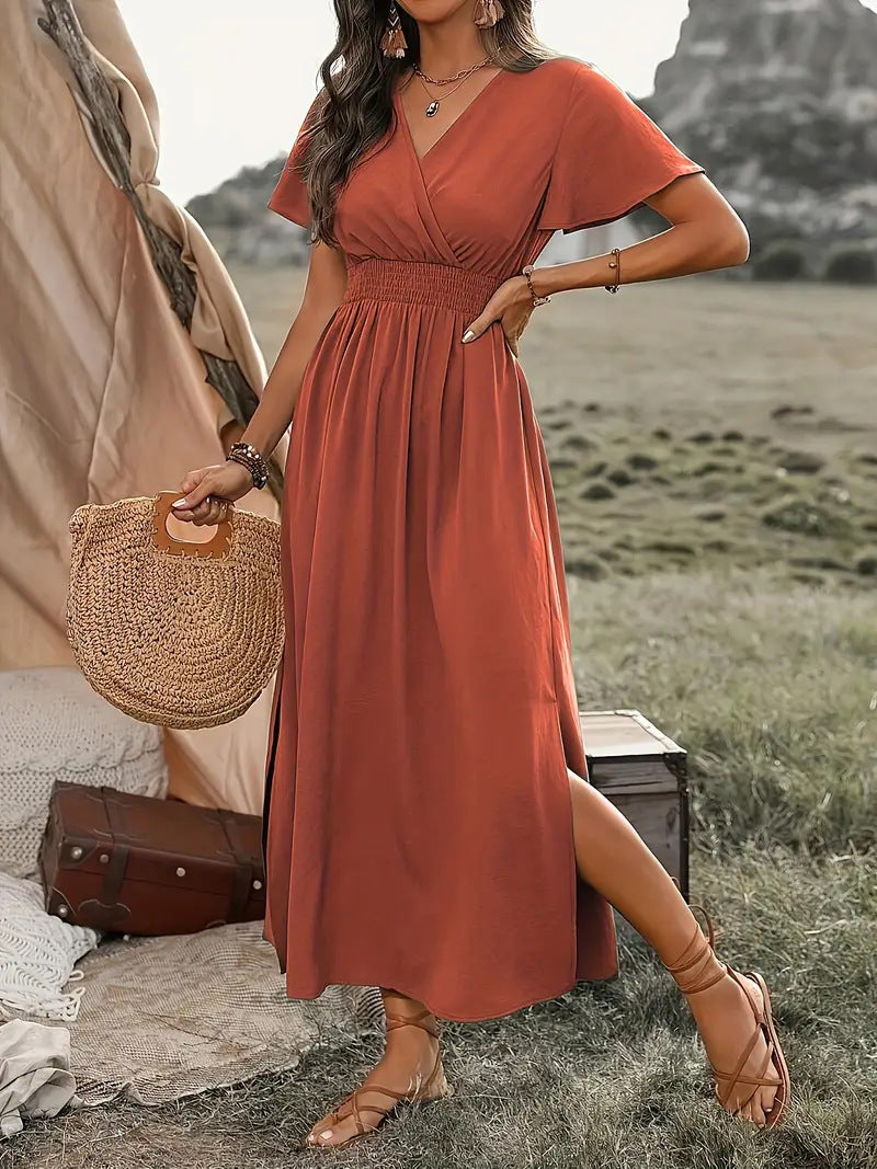 Céline - Robe d'Été Bohème Femme à Col V Croisé avec Taille Smockée et Manches Papillon