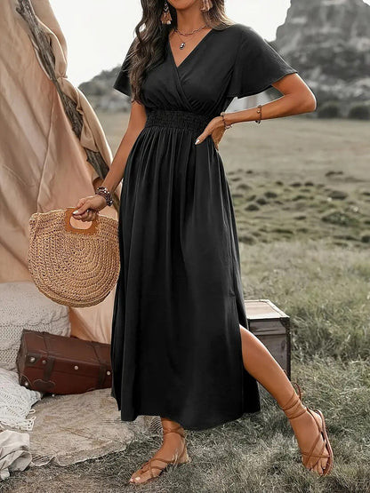Céline - Robe d'Été Bohème Femme à Col V Croisé avec Taille Smockée et Manches Papillon
