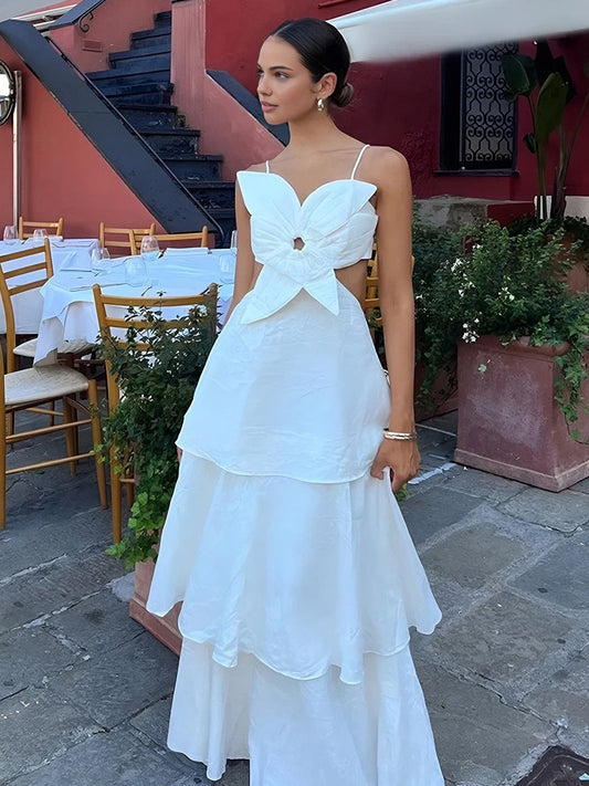 Céline - Robe de Soirée Longue Femme Romantique avec Fines Bretelles et Nœud sur le Buste