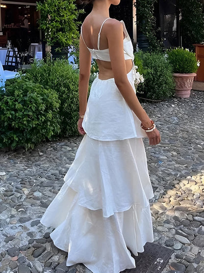 Céline - Robe de Soirée Longue Femme Romantique avec Fines Bretelles et Nœud sur le Buste