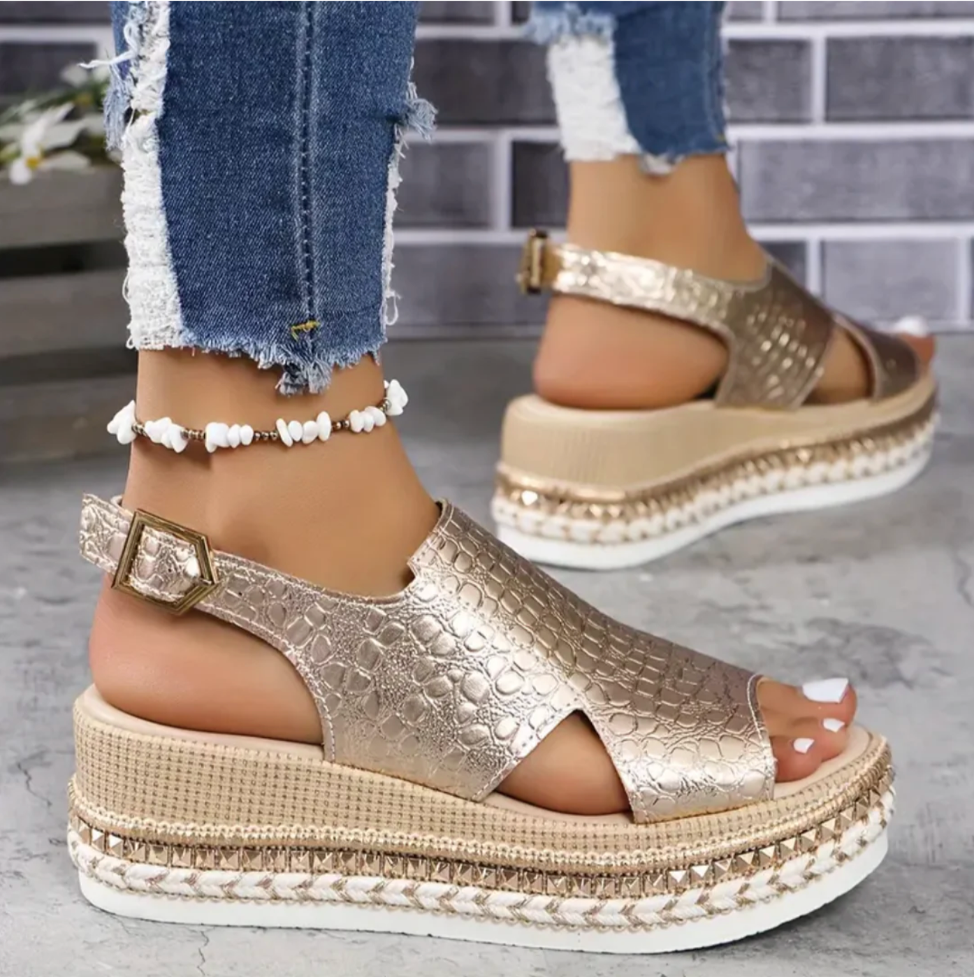 Céline - Sandales Orthopédiques Femme Chic à Plateforme Tressée et Bride Arrière Ajustable