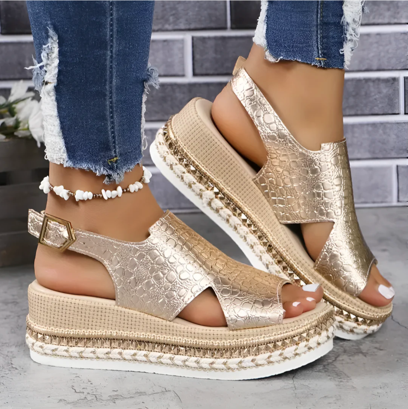 Céline - Sandales Orthopédiques Femme Chic à Plateforme Tressée et Bride Arrière Ajustable