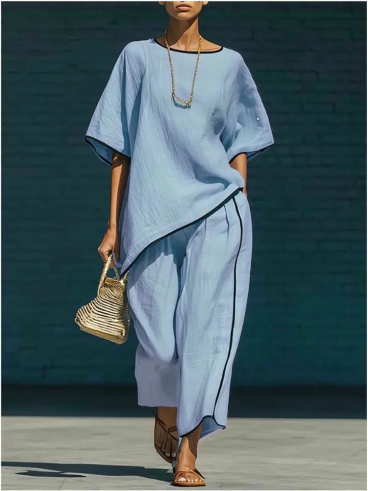 Camille - Ensemble Coordonné en Lin 2 Pièces Femme avec Top Oversize et Pantalon Fluide
