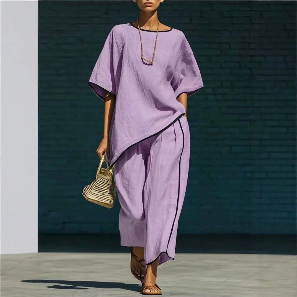 Camille - Ensemble Coordonné en Lin 2 Pièces Femme avec Top Oversize et Pantalon Fluide