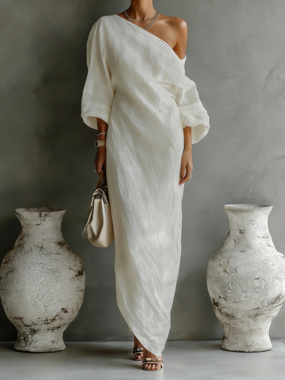 Camille - Robe Longue en Lin Bohème Femme avec Épaule Dénudée et Manches Amples