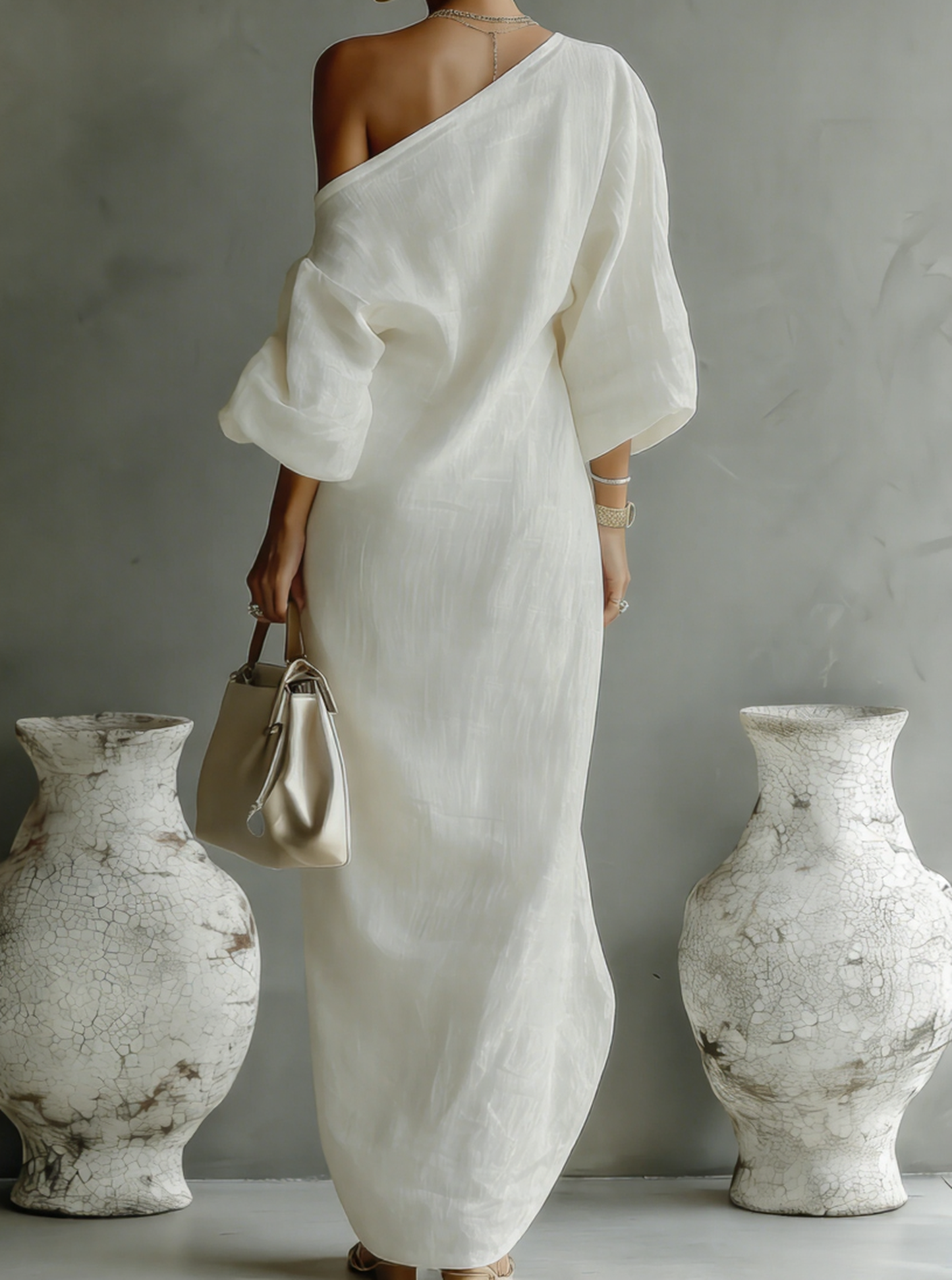 Camille - Robe Longue en Lin Bohème Femme avec Épaule Dénudée et Manches Amples
