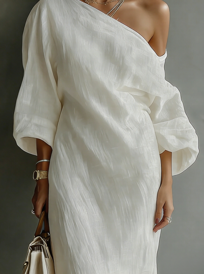 Camille - Robe Longue en Lin Bohème Femme avec Épaule Dénudée et Manches Amples