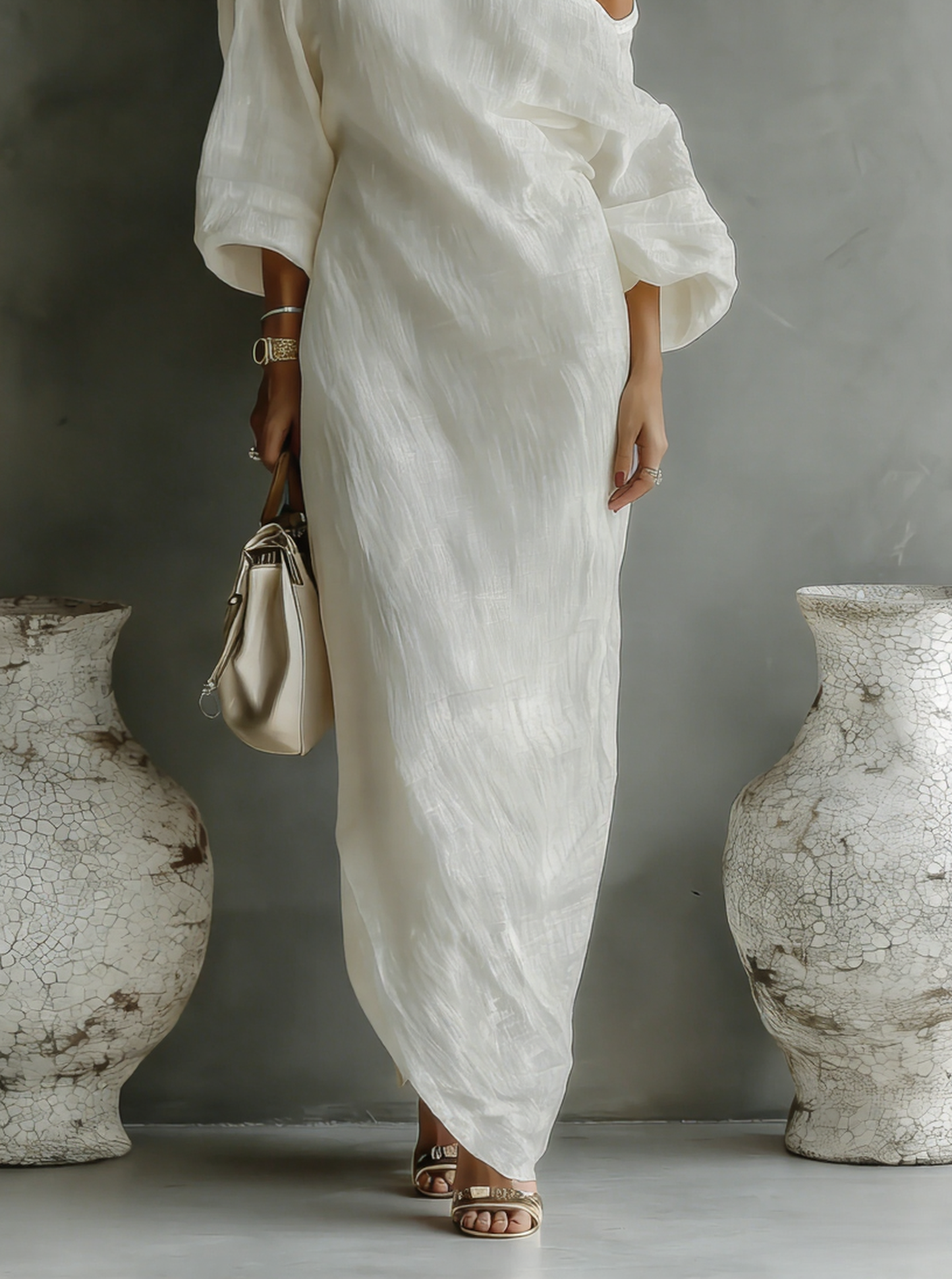 Camille - Robe Longue en Lin Bohème Femme avec Épaule Dénudée et Manches Amples