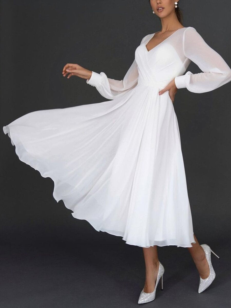 Camille - Robe Invitée Mariage Élégante Col V Plissé et Manches Longues Voilées