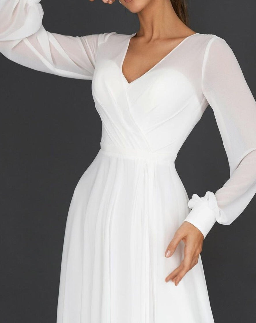 Camille - Robe Invitée Mariage Élégante Col V Plissé et Manches Longues Voilées