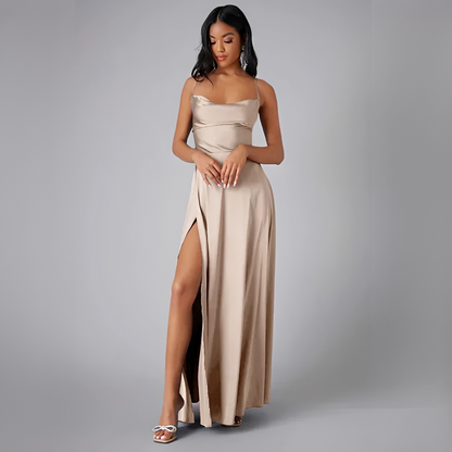 Camille - Robe Mariage Invitée Maxi Femme Élégante avec Bretelles Fines et Fente Latérale