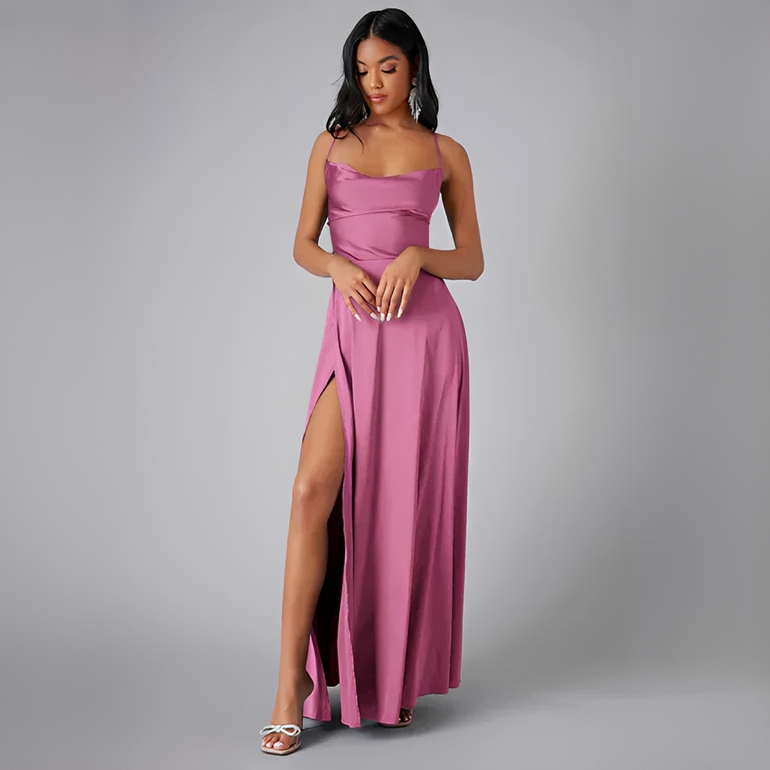 Camille - Robe Mariage Invitée Maxi Femme Élégante avec Bretelles Fines et Fente Latérale