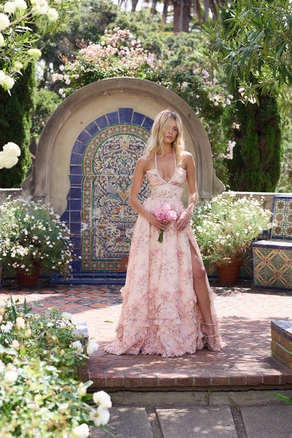 Camille - Robe Maxi Bohème Invitée Mariage Femme avec Bretelles Halter et Volants Étagés