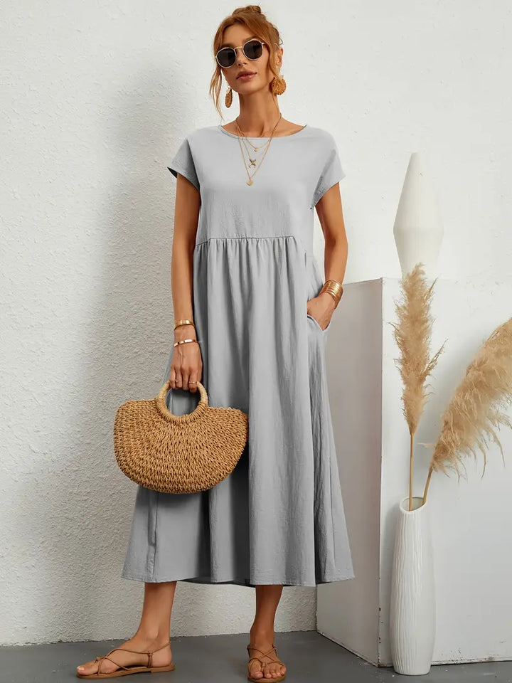 Camille - Robe d'Été Bohème Femme à Manches Courtes avec Poches et Col Rond
