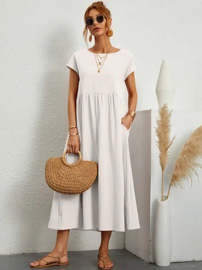 Camille - Robe d'Été Bohème Femme à Manches Courtes avec Poches et Col Rond