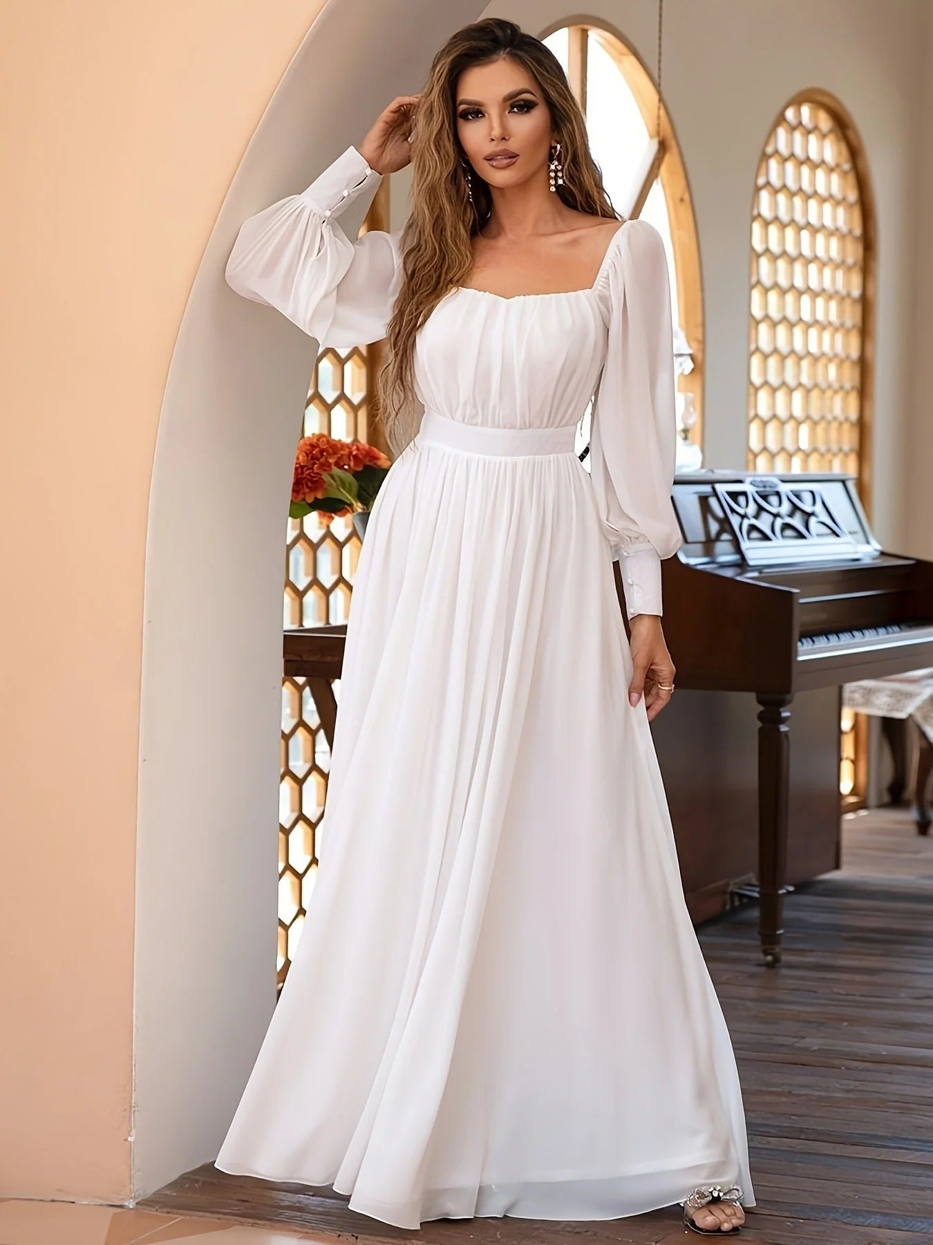 Camille - Robe Invitée Mariage Femme Élégante Longue à Col Carré et Manches Bouffantes