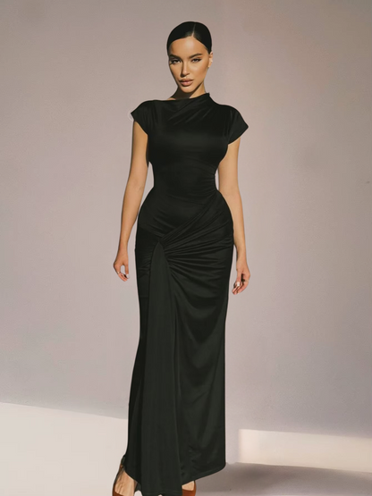 Camille - Robe de Soirée Longue Femme Élégante Moulante avec Col Montant et Drapé Latéral