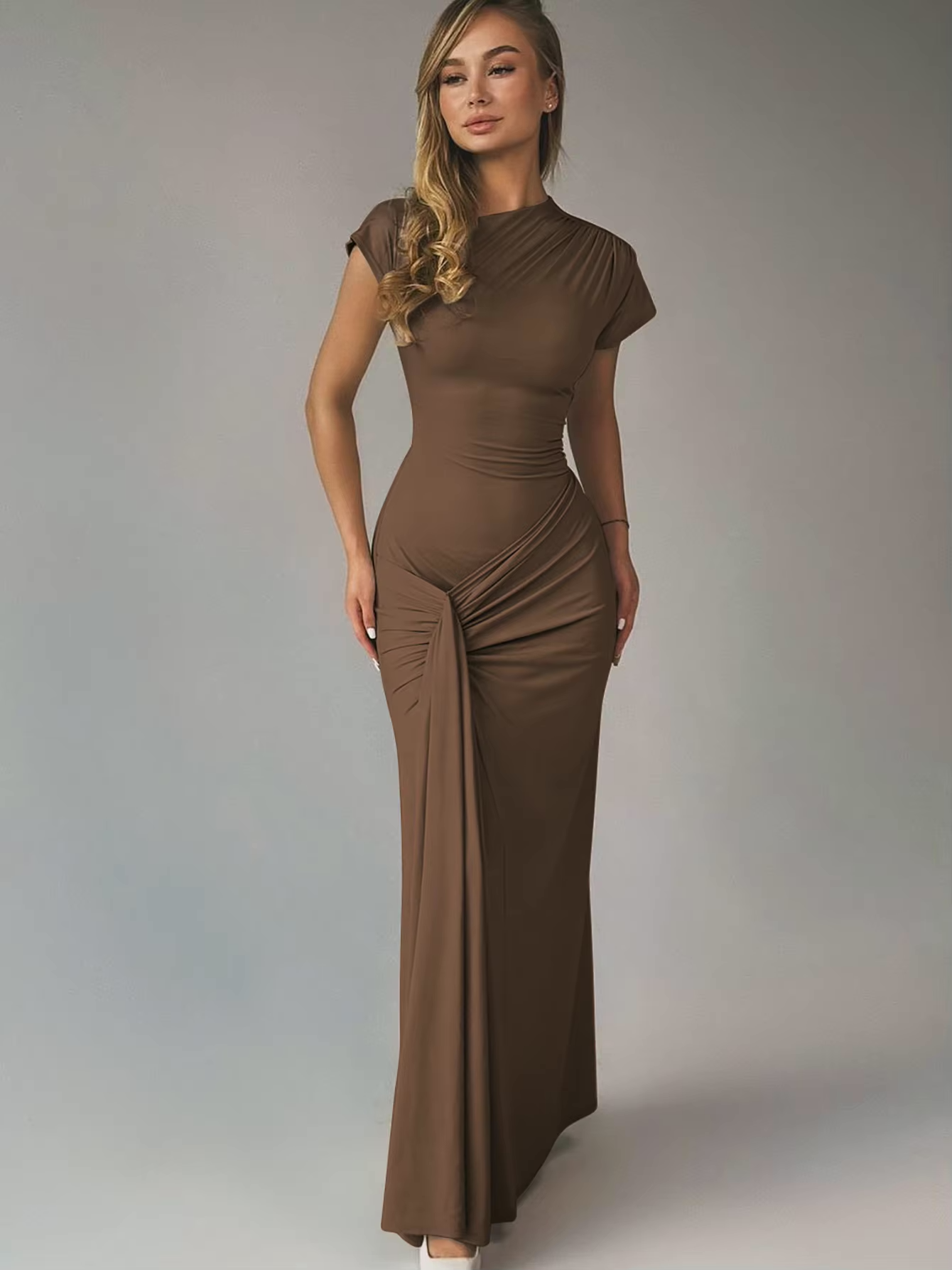 Camille - Robe de Soirée Longue Femme Élégante Moulante avec Col Montant et Drapé Latéral