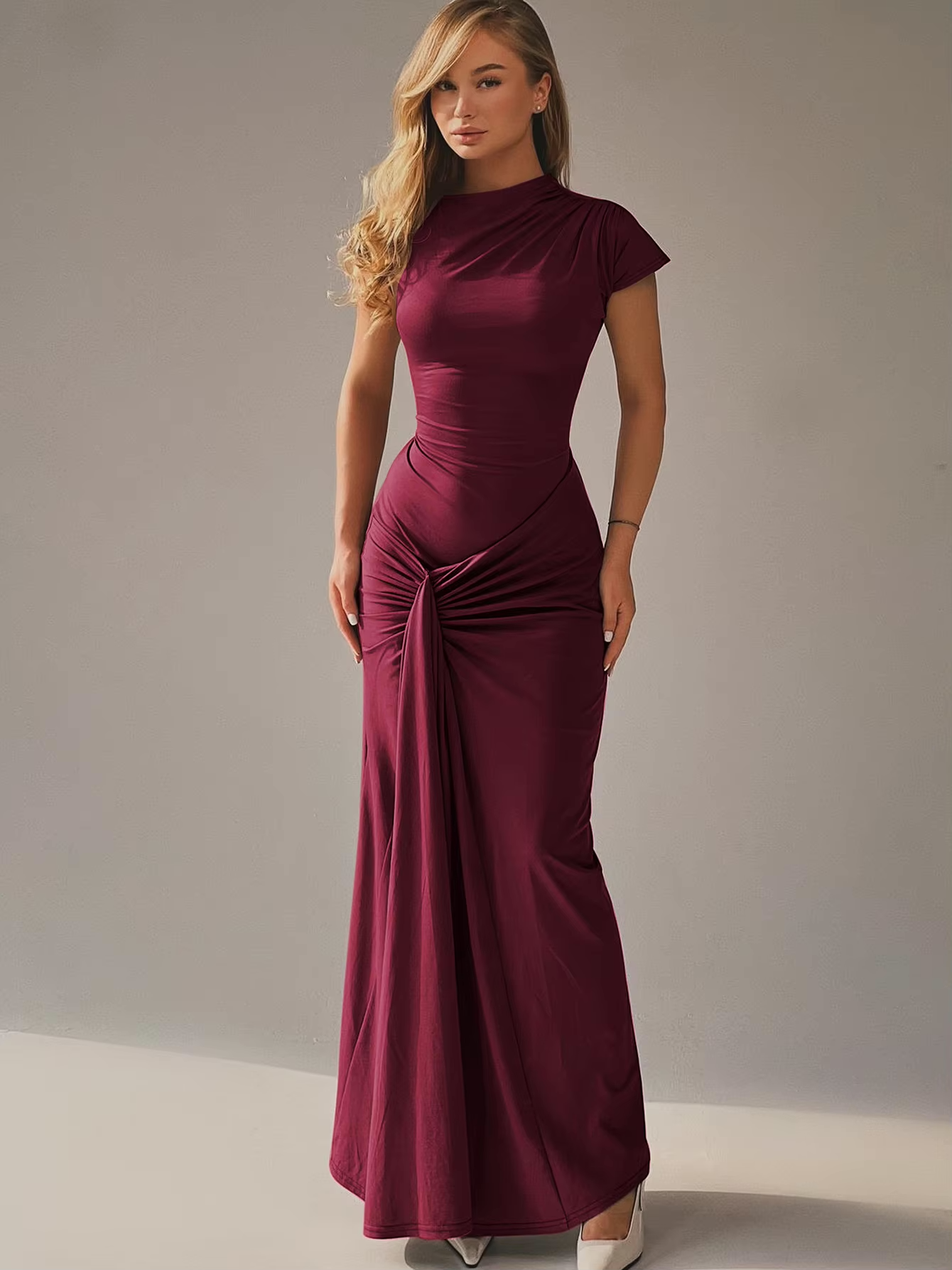 Camille - Robe de Soirée Longue Femme Élégante Moulante avec Col Montant et Drapé Latéral