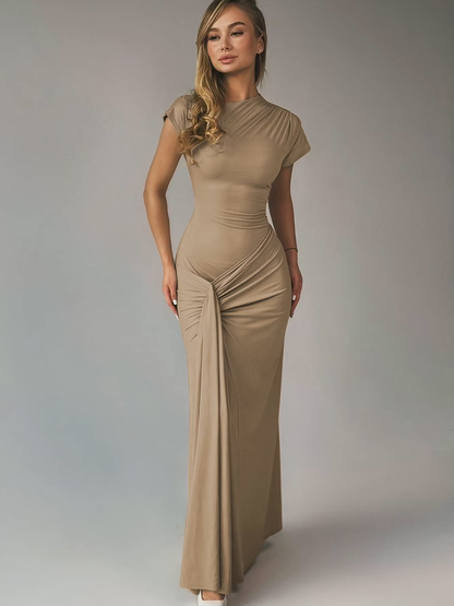 Camille - Robe de Soirée Longue Femme Élégante Moulante avec Col Montant et Drapé Latéral