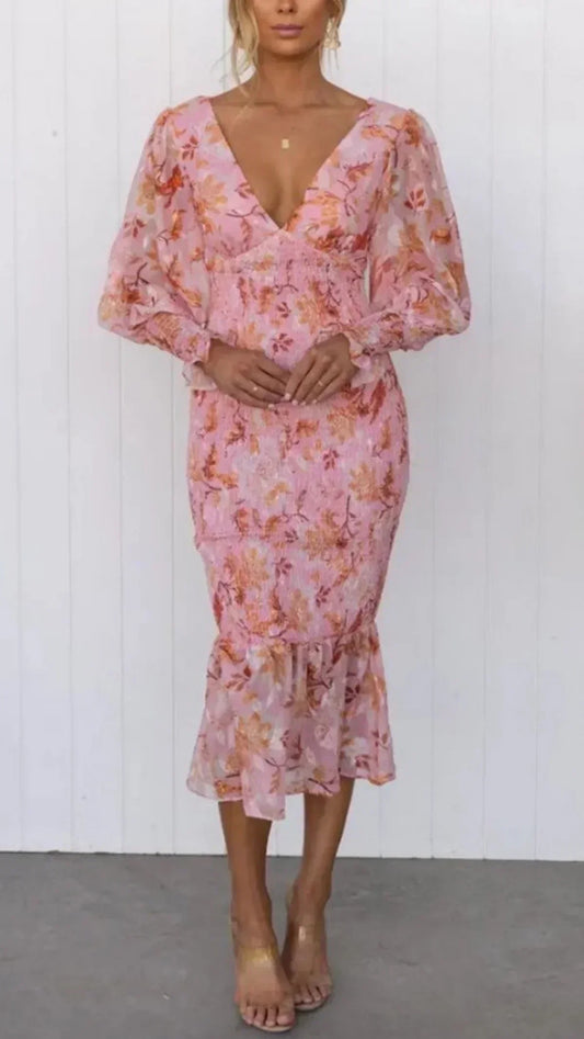 Camille - Robe Élégante Invitée Mariage Femme avec Col V et Manches Bouffantes