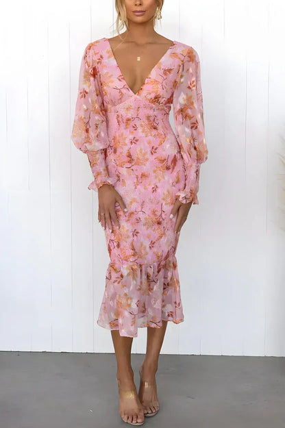 Camille - Robe Élégante Invitée Mariage Femme avec Col V et Manches Bouffantes