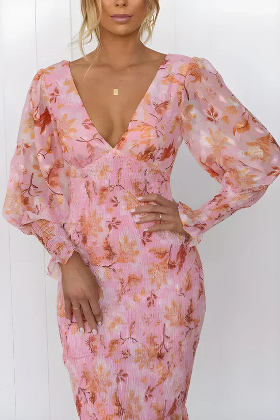 Camille - Robe Élégante Invitée Mariage Femme avec Col V et Manches Bouffantes