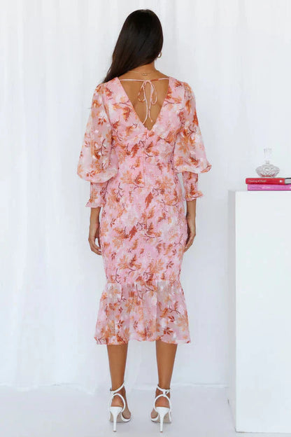 Camille - Robe Élégante Invitée Mariage Femme avec Col V et Manches Bouffantes