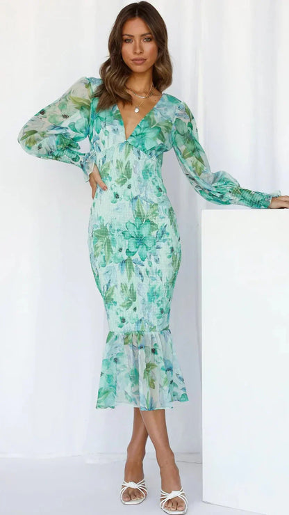 Camille - Robe Élégante Invitée Mariage Femme avec Col V et Manches Bouffantes