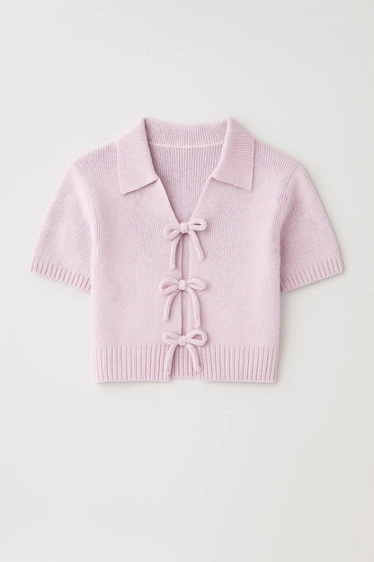 Top Femme - Manches Courtes Col Polo Noeuds Décoratifs | Casual
