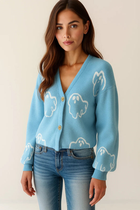 Veste en Maille Fantaisie | Bleu Pastel | Motifs Ludiques