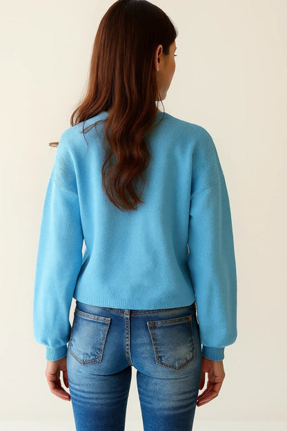 Veste en Maille Fantaisie | Bleu Pastel | Motifs Ludiques