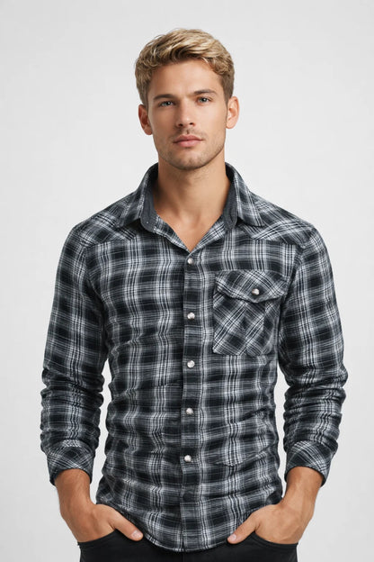 Chemise Homme | carreaux & manches longues | poche poitrine boutonnée pour Printemps