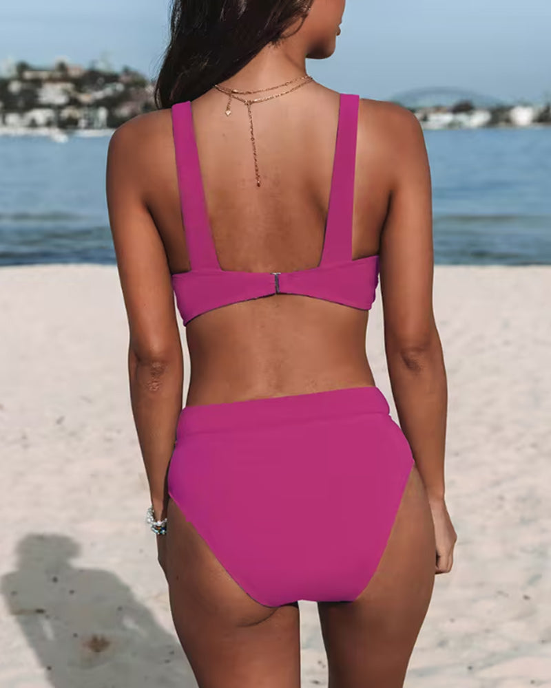 Chloé - Bikini Femme Maillot de Bain Élégant Taille Haute avec Haut Col V Croisé
