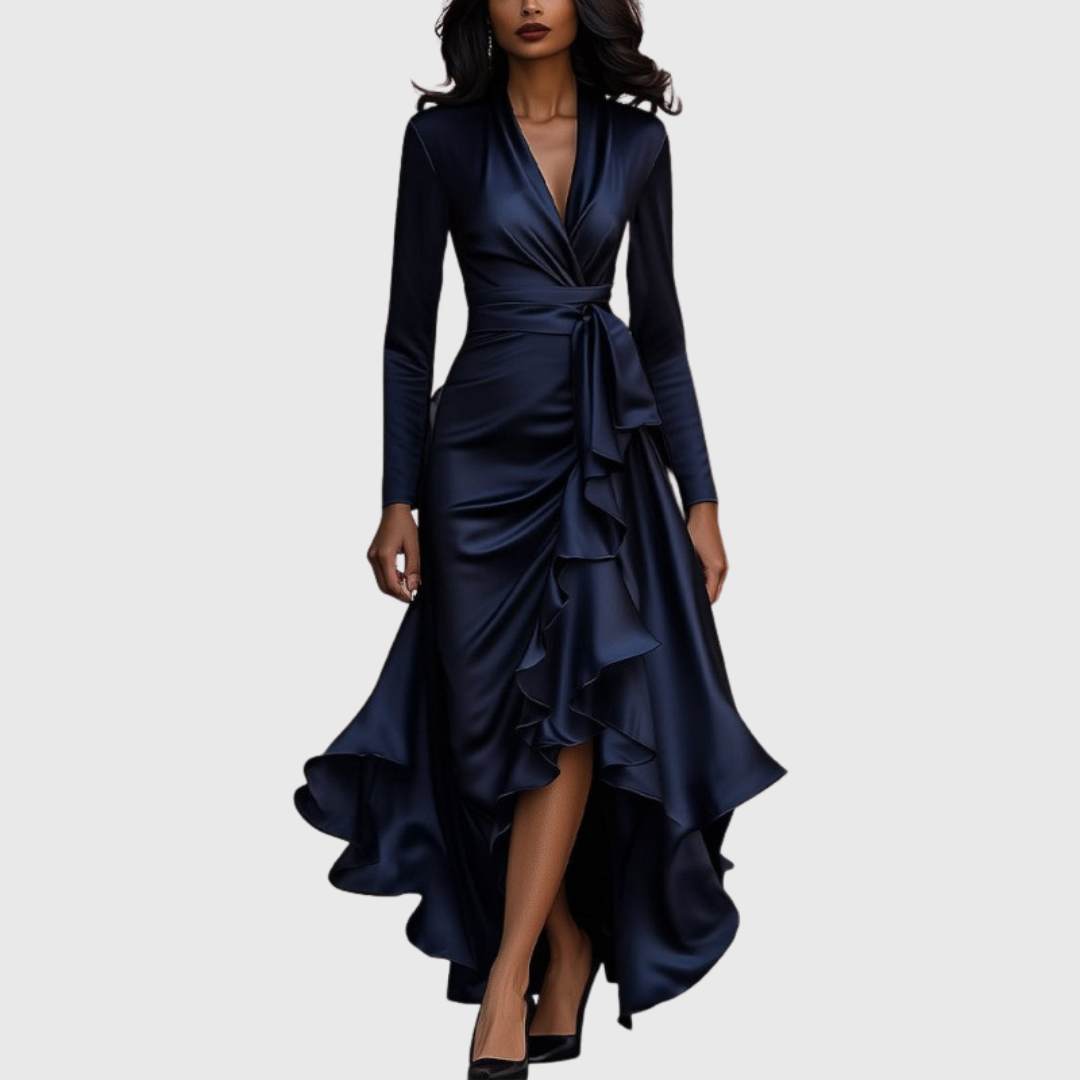 Chloé - Robe Longue Élégante Femme avec Col en V Croisé et Volants Asymétriques