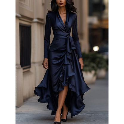 Chloé - Robe Longue Élégante Femme avec Col en V Croisé et Volants Asymétriques