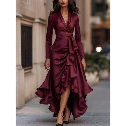 Chloé - Robe Longue Élégante Femme avec Col en V Croisé et Volants Asymétriques