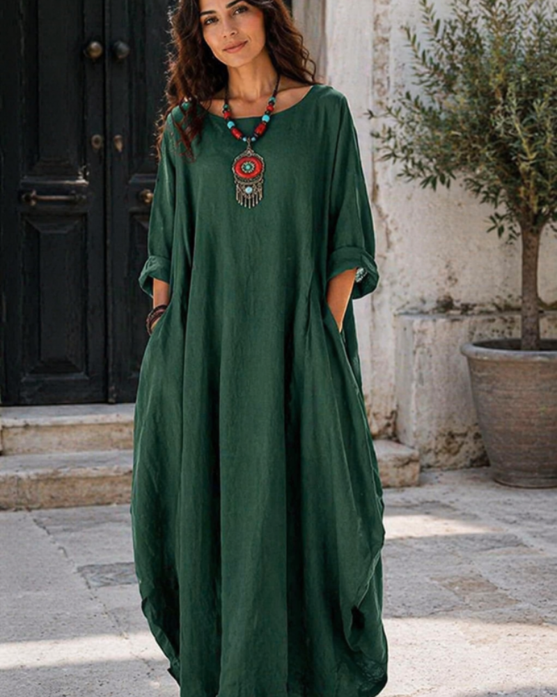 Chloé - Robe Maxi Bohème Femme en Lin avec Manches Chauve-Souris et Coupe Oversize