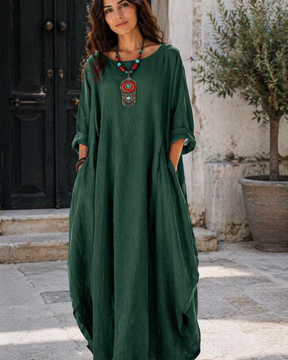 Chloé - Robe Maxi Bohème Femme en Lin avec Manches Chauve-Souris et Coupe Oversize