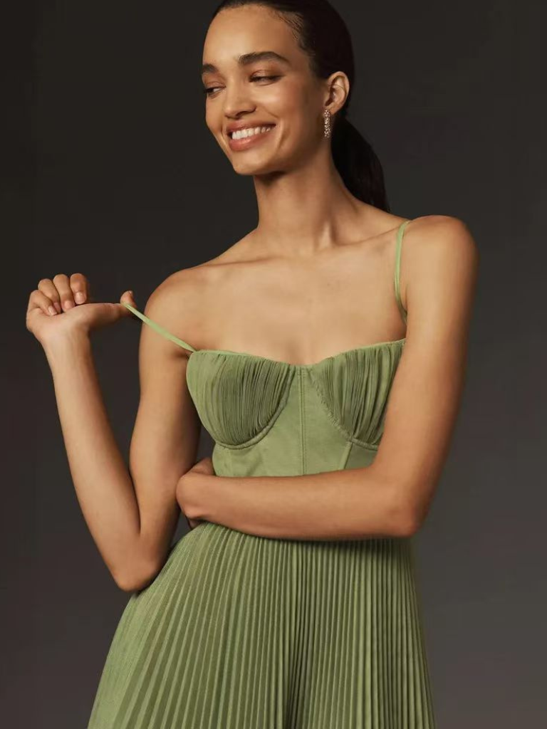 Chloé - Robe Midi Romantique Invitée Mariage Femme avec Bustier et Jupe Plissée