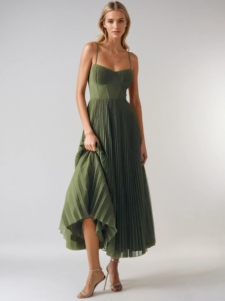 Chloé - Robe Midi Romantique Invitée Mariage Femme avec Bustier et Jupe Plissée